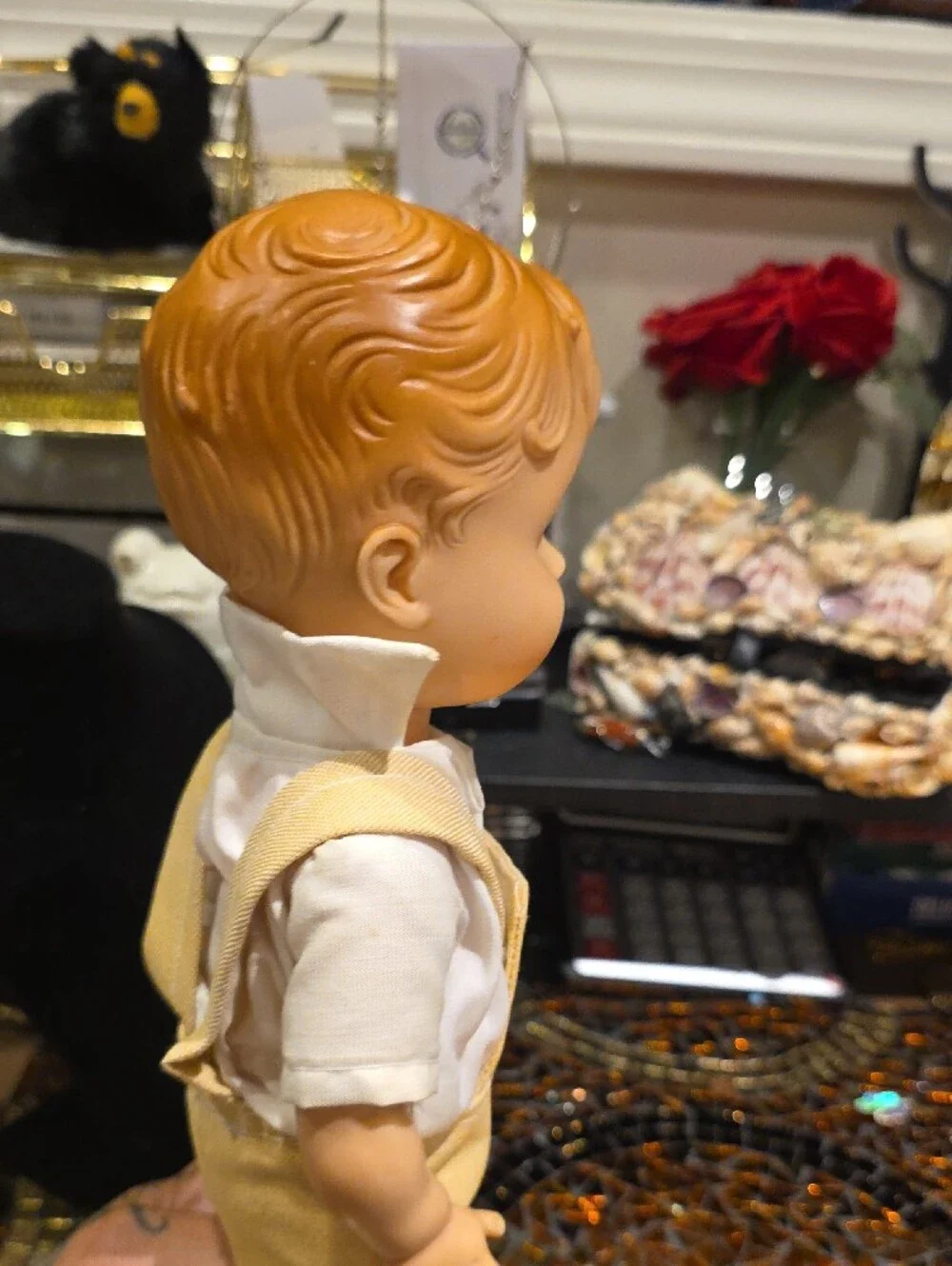 Vintage Doll in Tan Overalls with White Shirt